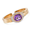 C. 1980 Vintage 17.50 Carat Amethyst and 1.00 ct. t.w. Diamond Cuff Bangle Bracelet in 18kt Yellow Gold