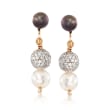 C. 1990 Vintage 6.5mm Black and White Cultured Pearl and 1.50 ct. t.w. Diamond Earrings in 14kt Yellow Gold