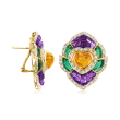 C. 1980 Vintage 22.20 ct. t.w. Multi-Gemstone and 1.40 ct. t.w. Diamond Heart Earrings in 14kt Yellow Gold