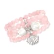 14-16mm Cultured Baroque Pearl and 255.00 ct. t.w. Rose Quartz Seashell Stretch Bracelet with .20 ct. t.w. White Zircon and Sterling Silver