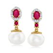 7.5-8mm Cultured Pearl Drop Earrings with .50 ct. t.w. Rubies and .10 ct. t.w. White Topaz in 18kt Gold Over Sterling