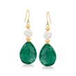 Cultured Pearl and 20.00 ct. t.w. Emerald Drop Earrings in 14kt Yellow Gold