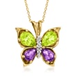C. 1980 Vintage 1.00 ct. t.w. Peridot and .75 ct. t.w. Amethyst Butterfly Pendant Necklace with Diamond Accents in 14kt Yellow Gold