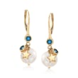 9-10mm Cultured Pearl and .50 ct. t.w. London Blue Topaz Drop Earrings in 14kt Yellow Gold