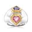 C. 1990 Vintage 1.00 Carat Pink Tourmaline and .75 Carat Iolite Double-Heart Dome Ring in 18kt Two-Tone Gold