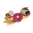 C. 1950 Vintage 3.00 ct. t.w. Synthetic Ruby and 1.50 ct. t.w. Diamond Scroll Pin in 18kt Gold