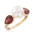 3.10 ct. t.w. Garnet and 9-9.5mm Cultured Pearl Ring in 14kt Yellow Gold