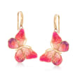 Italian Ceramic Pink and Orange Butterfly Drop Earrings in 14kt Yellow Gold