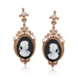 C. 1930 Vintage Agate Cameo and .25 ct. t.w. Diamond Clip-On Drop Earrings in 14kt Yellow Gold