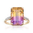 7.40 Carat Ametrine Ring with Diamond Accents in 14kt Yellow Gold