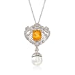C. 2000 Vintage 2.45 Carat Citrine and 9.5mm Cultured Pearl Drop Necklace with .70 ct. t.w. Diamonds in 18kt White Gold