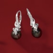9-9.5mm Black Cultured Tahitian Pearl Drop Earrings with Diamond Accents in Sterling Silver