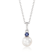 Mikimoto &quot;Everyday Essentials&quot; 7.5-8mm A+ Akoya Pearl and .13 Carat Sapphire Pendant Necklace in 18kt White Gold