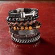 Men's Stainless Steel Bar Bracelet with Black Enamel and Leather