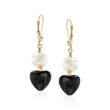 8-9mm Cultured Pearl and Black Onyx Heart Bead Drop Earrings in 14kt Gold