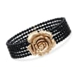 Black Onyx Bead Multi-Strand Bracelet with Rose in 14kt Gold Over Sterling