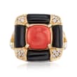 Red Coral and Black Onyx Ring with .14 ct. t.w. Diamonds in 14kt Yellow Gold