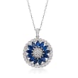 C. 1990 Vintage 3.00 ct. t.w. Sapphire and 1.05 ct. t.w. Diamond Flower Pendant Necklace in 18kt White Gold