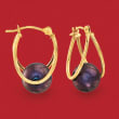 8-9mm Black Cultured Pearl Double-Hoop Earrings in 14kt Yellow Gold