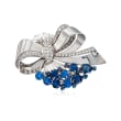 C. 1950 Vintage J.E. Caldwell 6.85 ct. t.w. Sapphire and 1.55 ct. t.w. Diamond Bow Pin in 14kt White Gold 