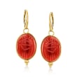 Red Carnelian Scarab Drop Earrings in 22kt Gold Over Sterling