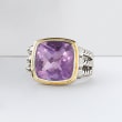 7.50 Carat Bezel-Set Amethyst Ring in Sterling Silver and 14kt Yellow Gold