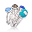 Blue Multi-Stone and 6mm Black and White Cultured Pearl Jewelry Set: Five Rings in Sterling Silver