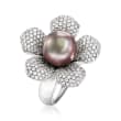 C. 1990 Vintage 11mm Black Cultured South Sea Pearl and 2.50 ct. t.w. Diamond Flower Cocktail Ring in 18kt White Gold