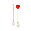 5.5-6mm Cultured Pearl and Red Enamel Heart Drop Earrings in 18kt Gold Over Sterling