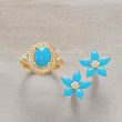 6x4mm Turquoise and .14 ct. t.w. Diamond Flower Earrings in 14kt Yellow Gold