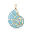 11.00 ct. t.w. Aquamarine, 6.5-7mm Cultured Pearl and .30 Carat Sky Blue Topaz Shell Pendant in 14kt Yellow Gold