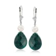 16.00 ct. t.w. Emerald and Cultured Pearl Drop Earrings in Sterling Silver