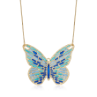 Italian Cathedral Enamel  Butterfly Pendant Necklace in 14kt Yellow Gold