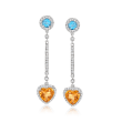 2.40 ct. t.w. Citrine and .60 ct. t.w. Swiss Blue Topaz Drop Earrings with .50 ct. t.w. Diamonds in 14kt White Gold