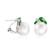 13-13.5mm Cultured Pearl, .60 ct. t.w. Tsavorite and .23 ct. t.w. Diamond Earrings in 14kt White Gold
