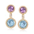4.10 ct. t.w. Blue Topaz and 1.40 ct. t.w. Amethyst Drop Earrings in 14kt Yellow Gold