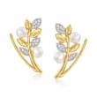 3.5-4mm Cultured Pearl Leaf Ear Climbers with Diamond Accents in 14kt Yellow Gold