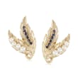 C. 1970 Vintage 3.5-4.5mm Cultured Pearl and .40 ct. t.w. Sapphire Leaf Clip-On Earrings in 14kt Yellow Gold