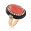 C. 1970 Vintage Pink Coral and .45 ct. t.w. Diamond Ring with Black Enamel in 14kt Gold