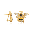 Italian .95 ct. t.w. CZ and Black and Yellow Enamel Bee Earrings in 18kt Gold Over Sterling