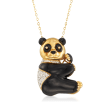 C. 1980 Vintage Black Onyx and .40 ct. t.w. Diamond Panda Bear Pin Slide-Pendant Necklace in 14kt and 18kt Gold