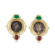 C. 1980 Vintage Sterling Silver Genuine Greek Coin Earrings with 1.10 ct. t.w. Rubies and .70 ct. t.w. Emeralds in 14kt Yellow Gold