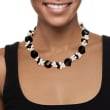 5-20mm Onyx Bead and 5-6mm Cultured Pearl Cluster Necklace with Sterling Silver 18-inch