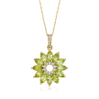 C. 1990 Vintage 2.93 ct. t.w. Peridot and .18 ct. t.w. Diamond Flower Pendant Necklace in 14kt and 18kt Yellow Gold