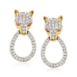 C. 1980 Vintage 1.50 ct. t.w. Diamond and .12 ct. t.w. Ruby Panther Doorknocker Earrings in 14kt Two-Tone Gold