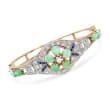 C. 1970 Vintage Green Jade and 1.40 ct. t.w. Diamond Bangle Bracelet With Synthetic Sapphires in 14kt Gold