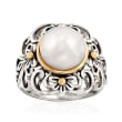 10mm Cultured Pearl Floral Scroll Ring in Sterling Silver and 14kt Yellow Gold