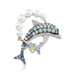 3.5-5.5mm Cultured Pearl and 1.80 ct. t.w. Multi-Stone Dolphin Pin Pendant in Sterling Silver