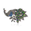 Blue and Green Enamel and Marcasite Peacock Pin with Garnet Accent in Sterling Silver