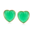 13mm Carved Green Jade Heart Earrings in 14kt Yellow Gold